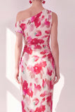 Vestido Midi fruncido con un solo hombro con flor azul roja