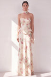 Corsé sin tirantes de albaricoque Maxi Floral Dress con bufanda de cuello