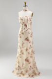 Corsé sin tirantes de albaricoque Maxi Floral Dress con bufanda de cuello