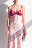 Vestido midi floral de tirantes finos de satén rosa A-Line