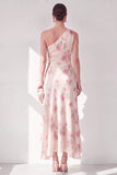Vestido Maxi Floral de A-Line de Un Hombro de Abricoque con volantes