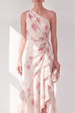 Vestido Maxi Floral de A-Line de Un Hombro de Abricoque con volantes