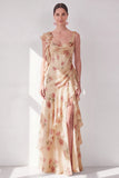 Vestido Maxi Floral Floral con Abertura de Sirena y Sirena de Chaberaco, Corsé Arrugado