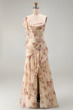 Vestido Maxi Floral Floral con Abertura de Sirena y Sirena de Chaberaco, Corsé Arrugado