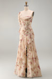 Vestido Maxi Floral Floral con Abertura de Sirena y Sirena de Chaberaco, Corsé Arrugado