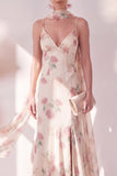 Vestido floral Maxi de tirantes finos con sirena de albaricoque y tirantes finos