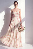 Vestido largo de dama de honor floral de albaricoque con gasa en A