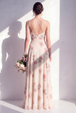 Vestido largo de dama de honor floral de albaricoque con gasa en A