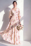 Vestido largo largo de dama de honor de albaricoque de albaricoque con chiffon en V y escote en V y mangas flopt