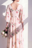 Vestido largo largo de dama de honor de albaricoque de albaricoque con chiffon en V y escote en V y mangas flopt
