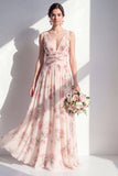 Vestido largo largo de dama de honor floral arrugado de chabotón de albaricoque en A-Line