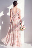 Vestido largo largo de dama de honor floral arrugado de chabotón de albaricoque en A-Line