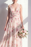 Vestido largo largo de dama de honor floral arrugado de chabotón de albaricoque en A-Line