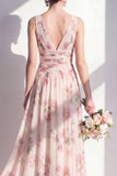 Vestido largo largo de dama de honor floral arrugado de chabotón de albaricoque en A-Line