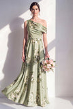 Vestido largo largo de dama de honor de satén verde salvia de un hombro