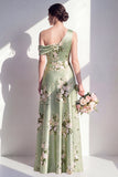 Vestido largo largo de dama de honor de satén verde salvia de un hombro