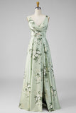 Vestido largo de dama de honor largo de satén verde salvia con escote en V y abertura