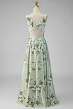 Vestido largo de dama de honor largo de satén verde salvia con escote en V y abertura