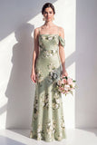 Vestido largo de dama de honor con tirantes finos de sirena verde salvia de satén