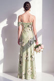 Vestido largo de dama de honor con tirantes finos de sirena verde salvia de satén