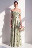 Vestido largo largo de dama de honor de satén verde salvia con línea A y línea A descubierto