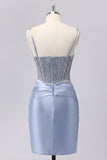 Vestido de Homecoming con corsé transparente de satén de satén gris azul con cuentas