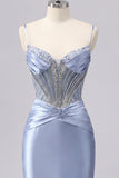 Vestido de Homecoming con corsé transparente de satén de satén gris azul con cuentas