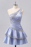 Vestido de bienvenida de satén gris azul, línea en A, un hombro fruncido, con cuentas