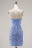 Vestido de Homecoming con corsé azul sin tirantes y cuentas y abertura