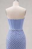 Vestido de Homecoming con corsé de satén sin tirantes azul con cuentas y cuentas