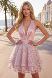 Vestido de Homecoming de satén de satén en A, cuello halter y lentejuelas fruncidas, con cuello halter y lentejuelas