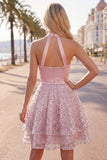Vestido de Homecoming de satén de satén en A, cuello halter y lentejuelas fruncidas, con cuello halter y lentejuelas
