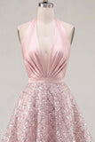 Vestido de Homecoming de satén de satén en A, cuello halter y lentejuelas fruncidas, con cuello halter y lentejuelas