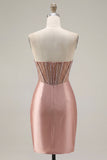 Vestido de bienvenida de fin de curso transparente de satén de satén con cuentas y corsé de bienvenida Sweetheart Blush