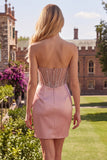 Vestido de bienvenida de fin de curso transparente de satén de satén con cuentas y corsé de bienvenida Sweetheart Blush