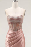 Vestido de bienvenida de fin de curso transparente de satén de satén con cuentas y corsé de bienvenida Sweetheart Blush