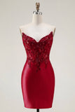 Vestido de Homecoming con corsé transparente de satén rojo con cuentas
