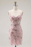 Vestido de Homecoming Blush Bodycon Bodycon con escote halter, corsé transparente, lentejuelas