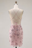 Vestido de Homecoming Blush Bodycon Bodycon con escote halter, corsé transparente, lentejuelas