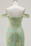Green Off the Shoulder Bodycon Floral Sheer Corset Homecoming Dress