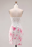 Vestido de Homecoming con corsé transparente de flor fucsia blanca