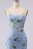 Corsé transparente azul bordado con flores y cortes transparentes