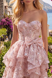 Corsé rosa A-Line Sweetheart Floral Vestido de Bienvenida con lazo