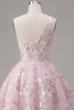 Vestido rosa de fin de semana floral de un solo hombro con un solo hombro