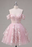 Vestido de bienvenida rosa translúcido corsé rosa de línea en A con hombros descubiertos