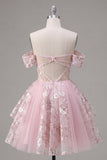 Vestido de bienvenida rosa translúcido corsé rosa de línea en A con hombros descubiertos