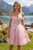 Vestido de bienvenida rosa translúcido corsé rosa de línea en A con hombros descubiertos