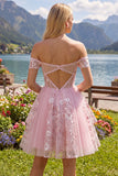 Vestido de bienvenida rosa translúcido corsé rosa de línea en A con hombros descubiertos