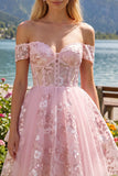 Vestido de bienvenida rosa translúcido corsé rosa de línea en A con hombros descubiertos