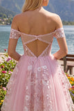 Vestido de bienvenida rosa translúcido corsé rosa de línea en A con hombros descubiertos